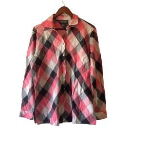Vintage 90s linen pink and black grunge plaid button up size large‎